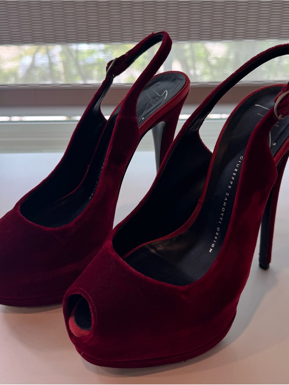 Giuseppe Zanotti Red Velvet Peep-Toe Slingback Heels